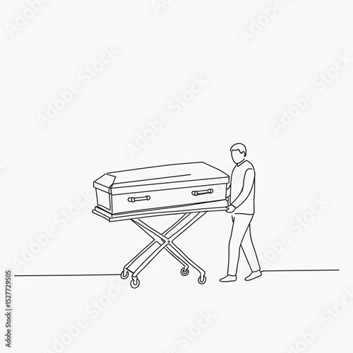 Man pushing coffin on trolley — one-line illustration on white background
