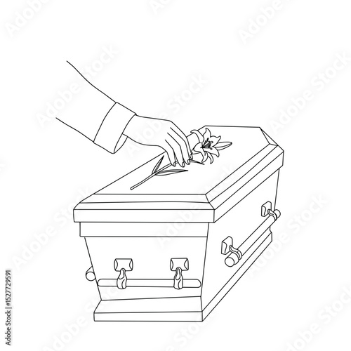 Hand placing lily on coffin – one-line funeral illustration on white background