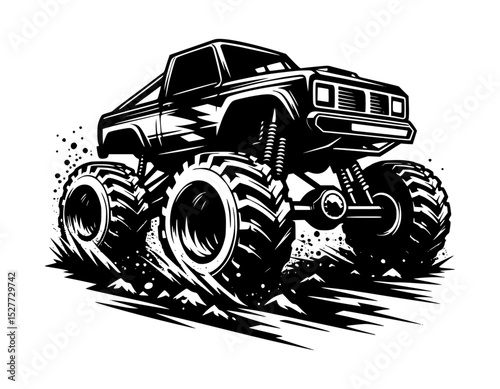 Powerful Monster Truck Illustration: Black and White Design