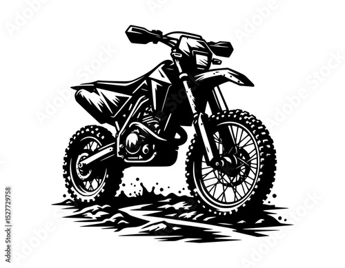 Black and White Illustration of a Dirt Bike, Off-Road Motorcycle Graphic