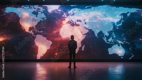 Professional executive analyzing global strategy on large digital screen, contemplating international business expansion with strategic vision and market driven approach