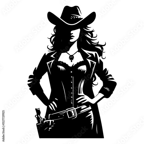 Strong western woman vector emblem showcasing iconic cowboy hat and hip holster in striking black silhouette