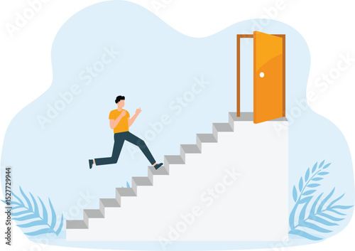 businessman walking up the stairs towards the luminous door. light to guide career success, opportunity or career growth, ladder of success concept, recruitment or HR find candidate or talent.
