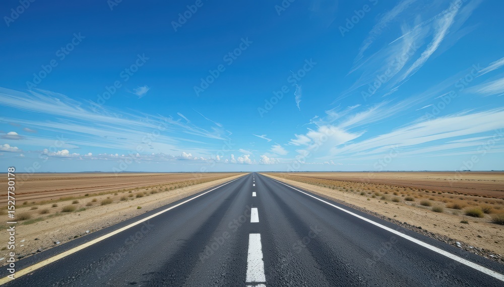 Expansive Empty Road Stretching into Clear Blue Sky with Limited Vegetation Alongside Expansive Empty Road Stretching into Clear Blue Sky with Limited Vegetation Alongside