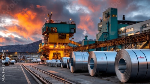 Steel manufacturing production in an industrial factory metal processing environment at sunset