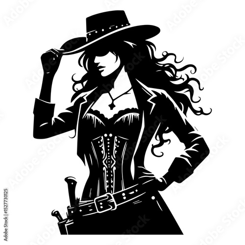 Confident female rancher silhouette logo with distinctive cowboy hat and sidearm in monochrome vector design