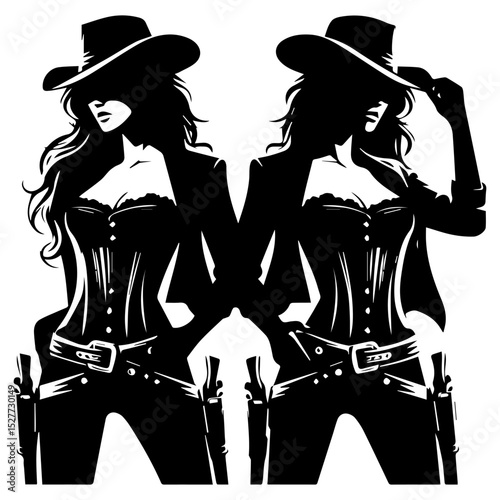 Bold western cowgirl silhouette vector logo featuring wide-brimmed hat and visible hip holster in powerful stance