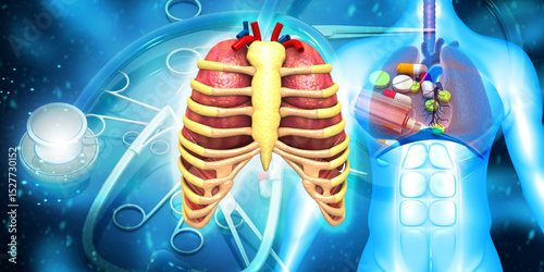 Human lungs with ribs anatomy on medical background. 3d illustration
