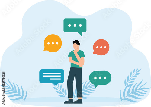 message or speech delivery, Verbal or spoken communication skills, storytelling or explanation, public speaking, speaking or discussing, businessman speaking with lots of speech bubbles.
