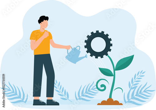 Team work to find new idea, little people start mechanism as plant, looking for new solution, creative work, cooperate in finding creative idea.
