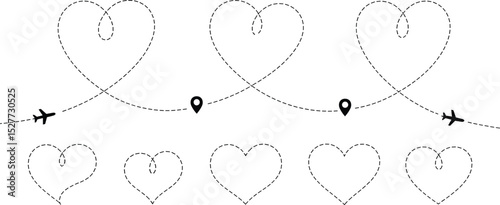 Airplane Journey with Heart-Shaped Path and Destination Markers, Vector Illustration