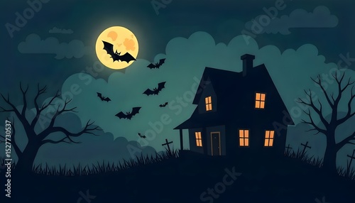 Cartoon Bat. Halloween: Black bat silhouettes fluttering around a haunted house.