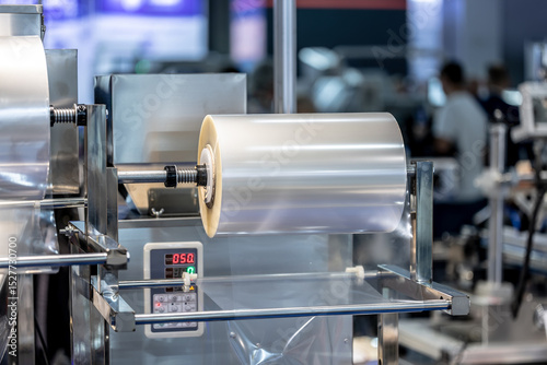 Industrial machine with roll of transparent plastic film on metal stand in factory. Automated equipment for packing goods. Focus on equipment. Selected focus