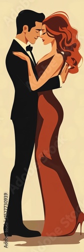 Romantic Couple Embracing in Party Wear Outfits Illustration.
