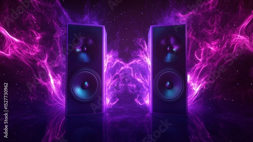 Purple Neon Lit Speakers on Dark Background.