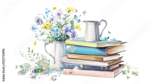 Fototapeta Naklejka Na Ścianę i Meble -  Vintage floral watercolor showcasing literary spring with books pansies pitcher and gentle pastel colors in soft