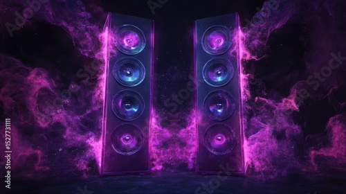 Purple Neon Lit Speakers on Dark Background.