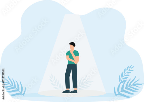 Business recruitment or hiring vector concept. Looking for talent. Businessman standing in spotlight or searchlight

