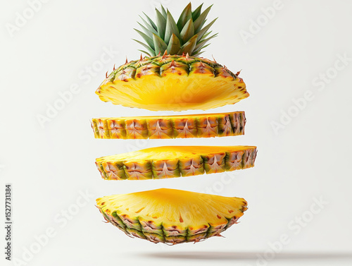 Sliced pineapple is artistically suspended in mid air, showcasing its vibrant yellow flesh and textured rind against clean white background. composition is visually striking
