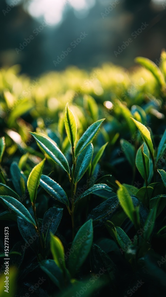 Fototapeta premium Lush green tea leaves bathed in morning sunlight