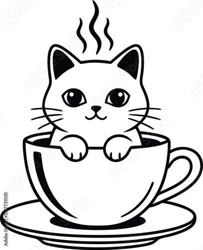 Adorable cartoon cat enjoying a cozy morning brew sitting inside a steaming coffee cup with saucer