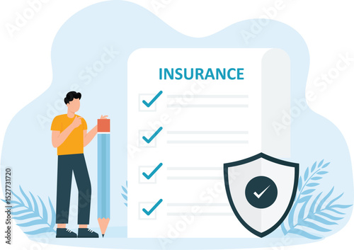 Flat Metaphor Poster Presenting Insurance Services. Cartoon Male Customer and Agent Shaking Hands over Huge Safe Contract
