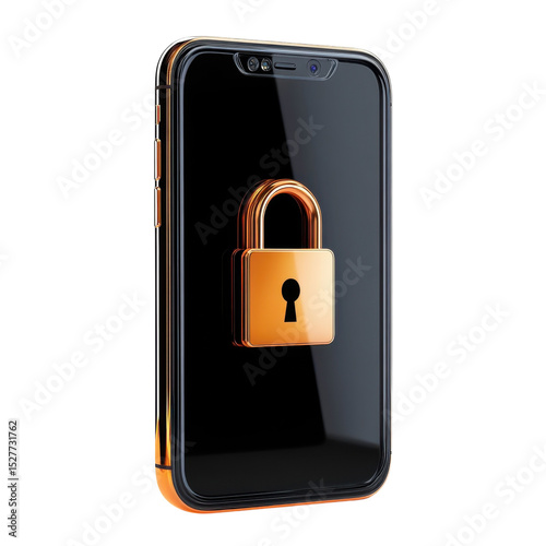 Mobile Security Lock Gold Padlock on Smartphone Data Protection Privacy on transparent background