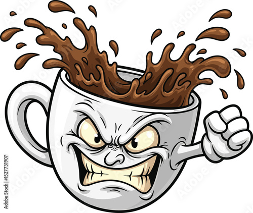 Animated coffee mug illustration displaying anger with coffee spilling out and a punching hand gesture