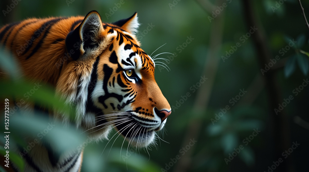 Obraz premium Side Profile of Majestic Tiger with Amber Eye in Lush Jungle, High Detail Wildlife Macro Photography