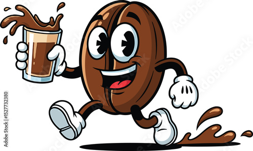 Cartoon coffee bean character running happily while holding a glass of delicious coffee drink