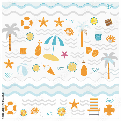 A vibrant vector illustration of tropical beach elements perfect for a summer holiday background, featuring sun, sand, sea, palm trees, and an umbrella