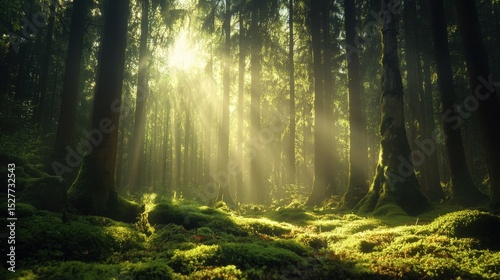 A magical forest illuminated by soft rays of sunlight piercing through towering trees, mist hovering over the moss-covered ground