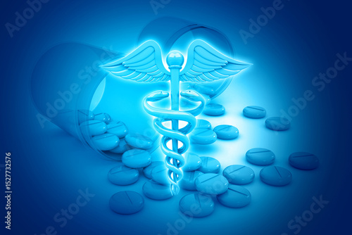 Medical symbols with medicinal pills on blue color background. 3d illustration.