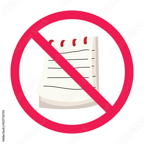 Forbidden sign with notepad icon, no notepad allowed sign, taking notes prohibition sign, do not taking notes