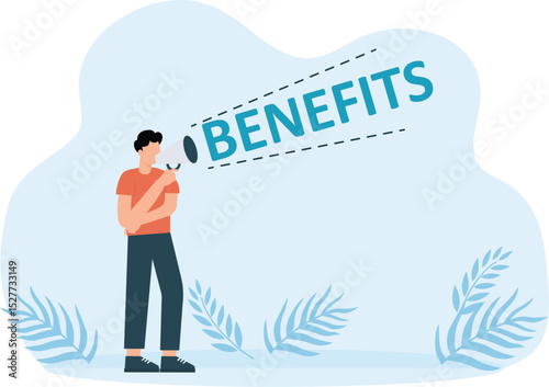 Male hand holding megaphone with benefits speech bubble. Loudspeaker. Banner for business, marketing and advertising,
