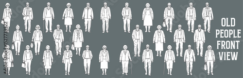 Front View Old People Vector Illustration. Hand Drawn Elderly Men and Women Standing, Walking, and Using Canes in Casual Outfits for Architectural Plans, Urban Design, and Public Space Layouts