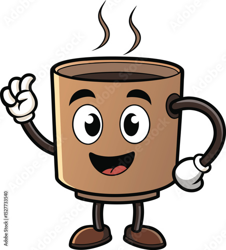Cheerful coffee cup character cartoon with smiling face and raised hand expressing greeting or happiness