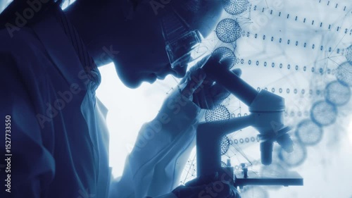 Virologist scientist using microscope in laboratory for DNA biochemical research. Medical lab equipment and doctor pharmacist searching for vaccine to treat diseases and advance healthcare