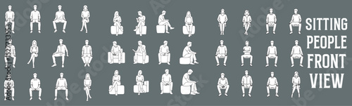 Front View Sitting People Vector Illustration. Hand Drawn Men and Women Seated in Various Poses and Outfits for Architectural Plans, Urban Design, and Interior or Public Space Layouts