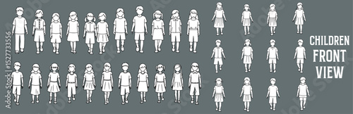 Front View Children Vector Illustration. Hand Drawn Boys and Girls Standing, Walking, and Playing in Casual Outfits for Architectural Drawings, Urban Planning, and Educational Design Projects