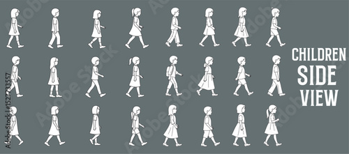 Side View Children Vector Illustration. Hand Drawn Boys and Girls in Various Poses Walking, Standing, and Playing for Architectural Drawings, Educational Layouts, and Urban Design Projects

