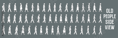 Side View Old People Vector Illustration. Hand Drawn Elderly Men and Women in Various Poses, Using Canes or Walk