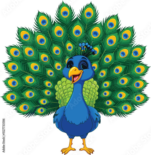 Colorful cartoon illustration of a cheerful peacock with its magnificent fanned tail and open beak