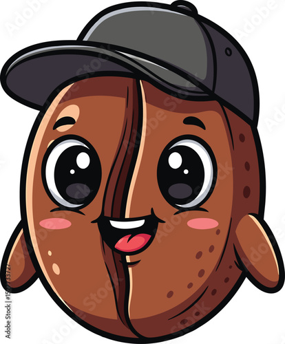 Cute smiling coffee bean character wearing a cap for coffee shop branding and cafe related designs