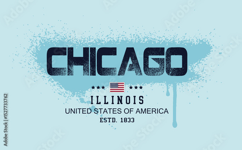 Art Tee, chicago illinois text graffiti, typography college varsity  illinois state slogan print. typography varsity college american slogan print spray effect, t shirt graphics graffity print.eps8