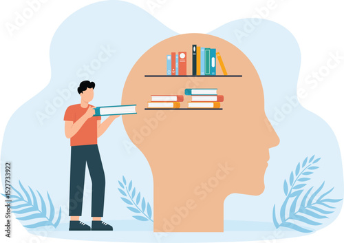 Self development and management illustration. Characters self-learning books, online courses or internet tutorials,
