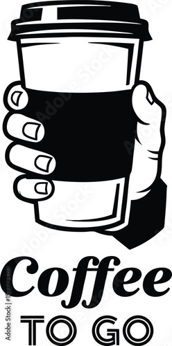 Simple black and white graphic of coffee to go cup held in a hand with bold typography
