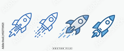 Set of four rocket launch icons with different styles and colors