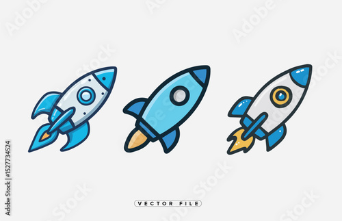 Set of Three Cartoon Rockets with Flames Isolated on White Background