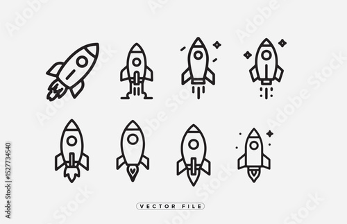 Set of Rocket Icons in Outline Style for Space Exploration